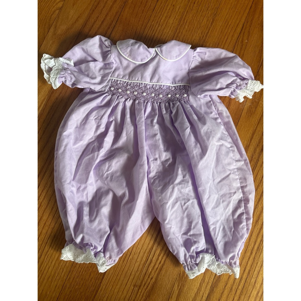 Vintage Lavender Smocked Bubble Romper Peter Pan Collar Eyelet Lace Trim Purple